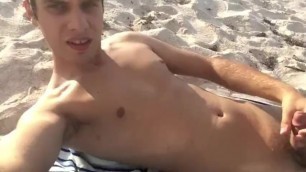 Naked Exibitionist Guy Masturbates and Cums on the Beach