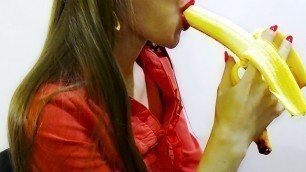 Young Teen Secretary wants to Lick a Banana and a Vibrator in Pussy