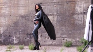 Alexandra Corneille in Dark Latex Catsuit with Latex Cape behind the Scenes
