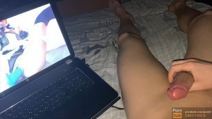 Teen Jerk off Porn in a Laptop! Cum on himself and Rubs Her! Homemade Video