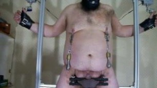 self bondage with zip ties on fan, cock stock, nip clamps